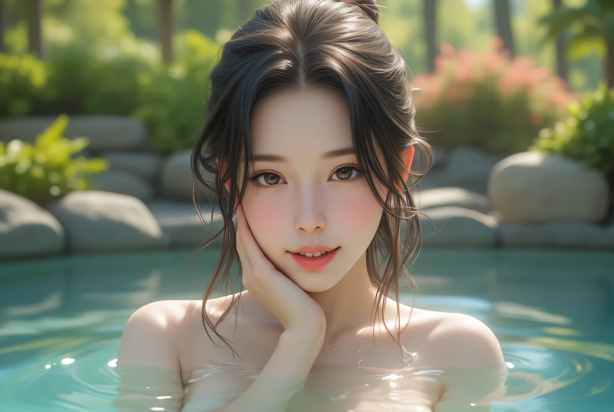 Top quality, masterpiece, cinematic lighting, girl, black hair, dark eyes, small breasts, facing up, hair tied up with a towel, smile, hot spring, there are about 3 people in the back