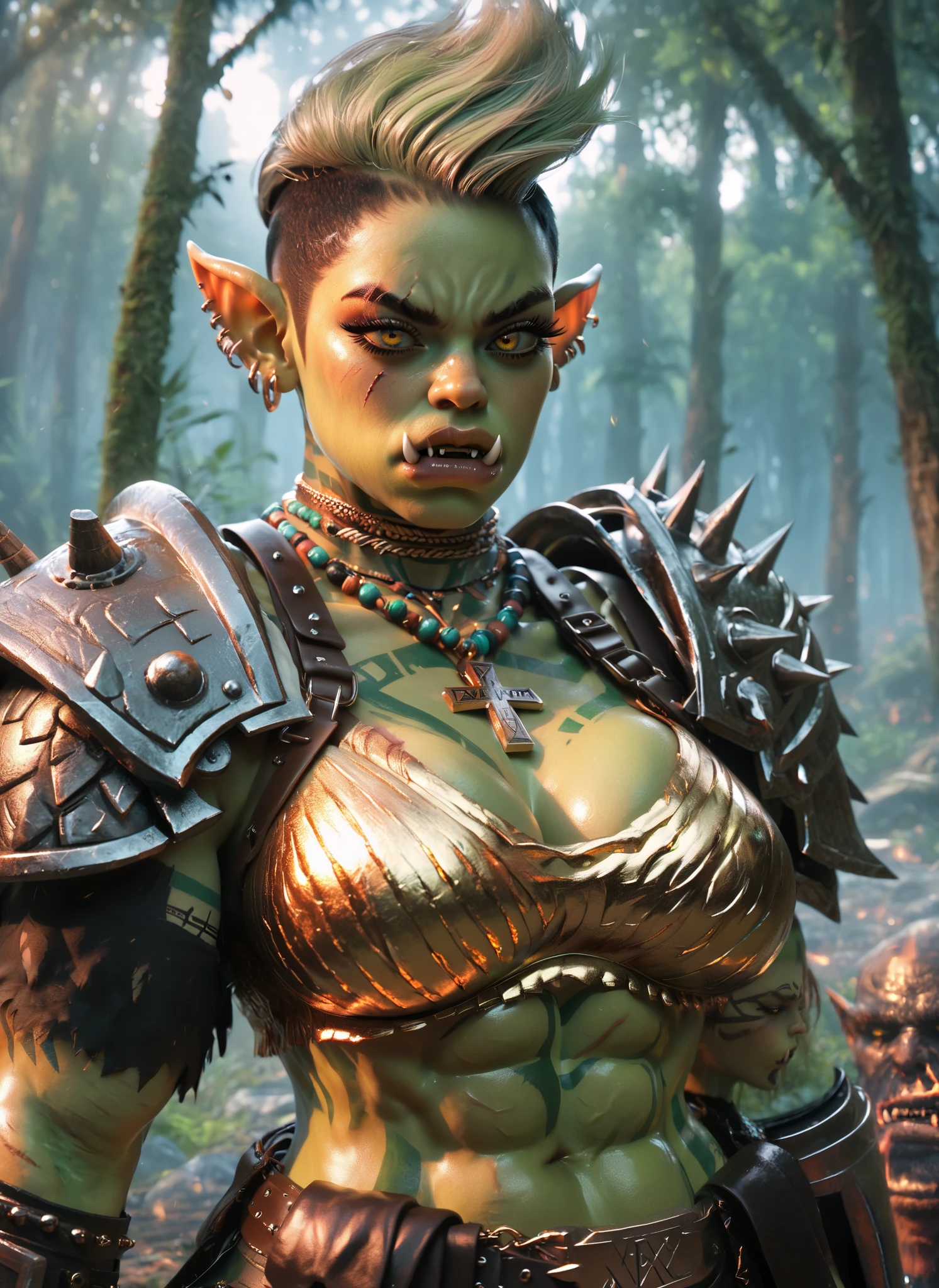 Obra prima melhor qualidade, Orc macho Warrior tribal linda com tatuagens tribais em uma floresta, On a beautiful morning, intrincado extremamente detalhado, 8k, ultra realista