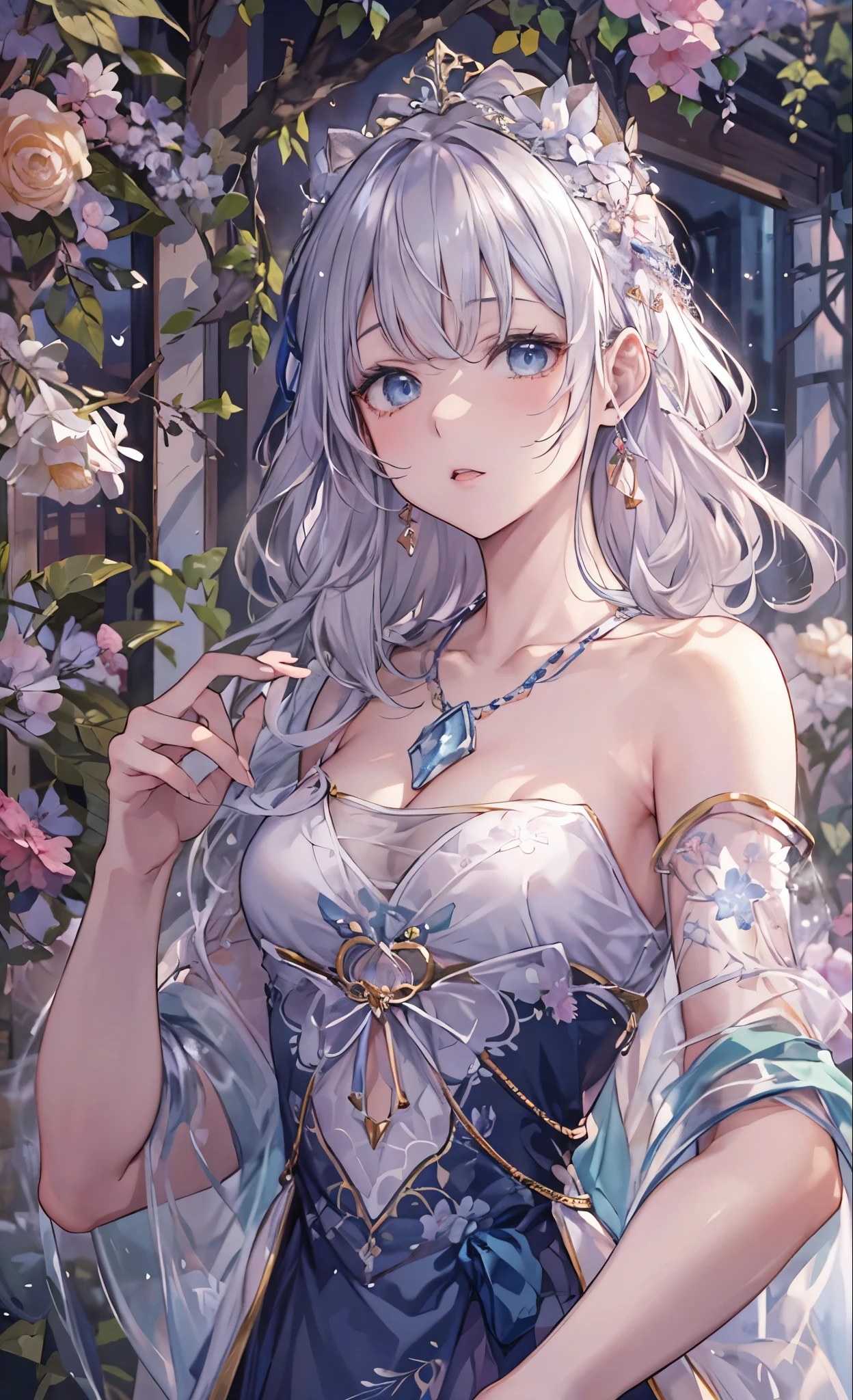 Official Art , European Women's Masterpiece ,, Light Silver Hair , Dark blue eyes、 top quality、 high resolution: 1.4),8k, Anime Art Nouveau, 高度细致精致的粉丝艺术, Anime fantasy illustration, clean Fine Anime Art , Fine Anime Art , Clear Focus of a Person , Beautiful Beautiful Hair and Eyes and Face, actual , Super Detailed , garden,((Beautiful, Beautifulで可愛い手)),(( Elegant and Sparkling Gown )),((Many contests )),((Lots of decorations)),((Lots of ribbons))