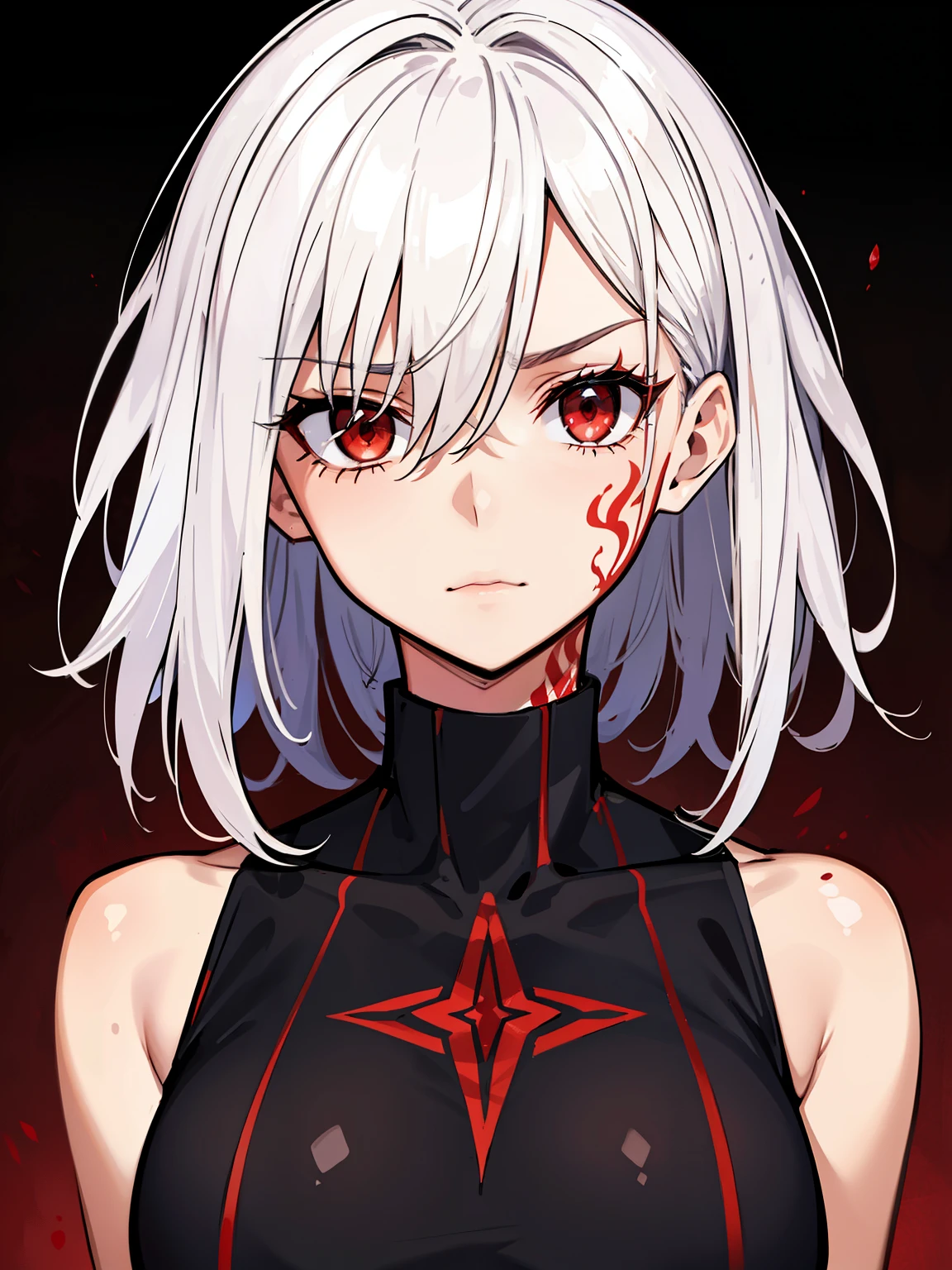 (high-quality, breathtaking),(expressive eyes, perfect face) 1female, girl, solo, young adult, short hair length, white hair, red eyes, black background, symmetrical eyes, portrait, symmetrical body, centred composition, simple background, cold expression, villain, ominous mood, red markings, red tattoos, sleeveless turtleneck shirt, confident, smug, pattern stars shirt
