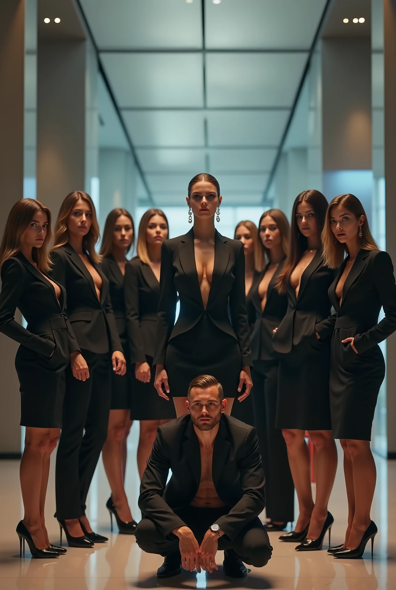 (masterpiece), ((crowd of men in black suits of various ages in the background)) and (((nude naked nude naked young teen girl who has short curly hair and mortarboard is shouting and dancing))) and has medium breast and nipple and vagina and earring and wristwatch and necklace and wears a mortarboard, classroom setting, chart on wall,