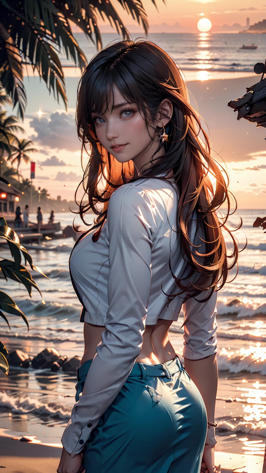 ((masterpiece)),((best quality)),((High detail)),((Realistic,)), 1 shy girl, sensual expression, elegant makeup, long brown hair, seductive eyes, bright lips, sexy pose, (beautiful detailed face: 1.0), smiling, feminine approach, tank top, tight t-shirt, big breasts, pointed breasts, (perfect body), prominent nipples, bare abdomen, pink mini-skirt, skirt lifted by the wind, panties under the skirt, white panties, standing and watching the sky, sunset in the city, tight clothes,