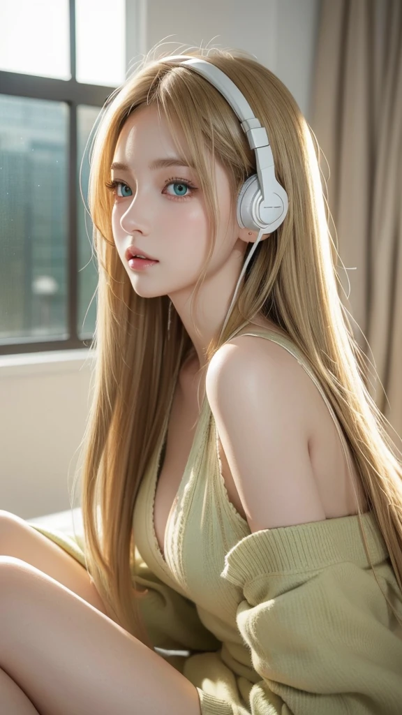 (masterpiece), ( top quality,  high definition , High definition, Illustration),  1 girl, Alone, city, contemporary,  profile picture close-up featured on pixiv,  blond beige long hair,  green eyes,  beautiful detailed eyes in atata,  sitting,  headphones, 8k,  Popular at Art Stations,   lewd  