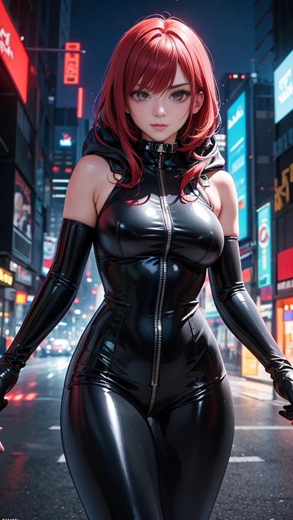 a scared and embarrassed redhead woman, hair in a ponytail, his super detailed glowing eyes, Full lips painted red, chiseled physique and wide hips. He wears a closed black leather jumpsuit., whose shiny surface accentuates its shape. A hooded jacket with a neon pink interior covers your shoulders and a pleased skirt. Walking down a busy street, she attracts the eyes of the spectators. This image oozes realism., capturing the essence of a fragile and ashamed figure. digital art, photorealistic and high definition technique