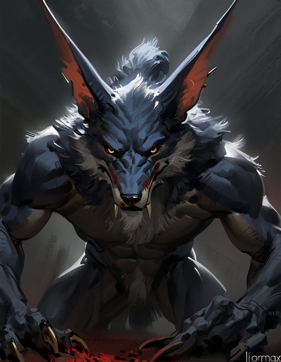 (Warwick) (warwick_lol), (solo), male, anthro, (by seyorrol, by Nomax), (tail:1.3), scowling expression, (dark background, gloomy, ominous atmosphere), (naked), realistic shading, dark lighting, mysterious shadows, night scene, (epic, masterpiece, high quality, 8k, ultra HD, absurd res, top quality, best quality, max quality, masterpiece), staring intensely, central framing, full body, ((blood soaked claws)), (realistic eyes),