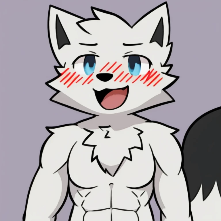A blushing wolf putting his hand on the back of his head with glasses without a shirt showing his sheip and with his tongue out male 