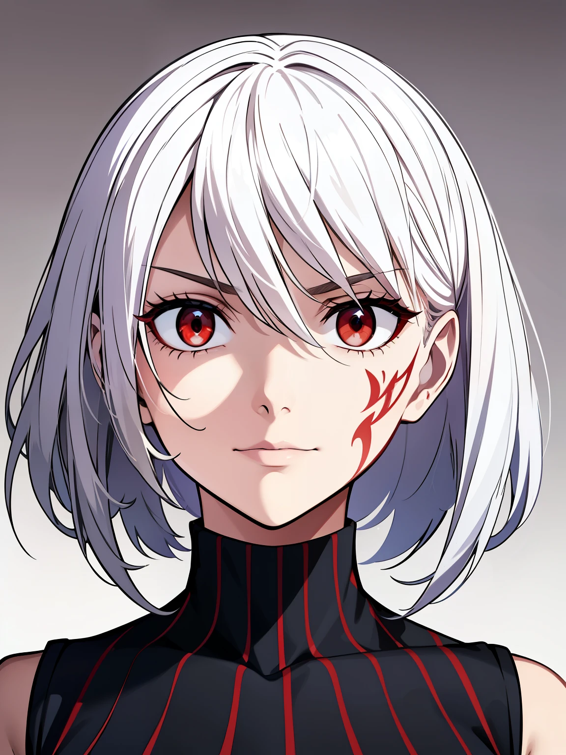 (high-quality, breathtaking),(expressive eyes, perfect face) 1female, girl, solo, young adult, short hair length, white hair, red eyes, black background, symmetrical eyes, portrait, symmetrical body, centred composition, simple background, cold expression, villain, ominous mood, red markings, red tattoos, sleeveless turtleneck shirt, confident, smug, pattern stars shirt
