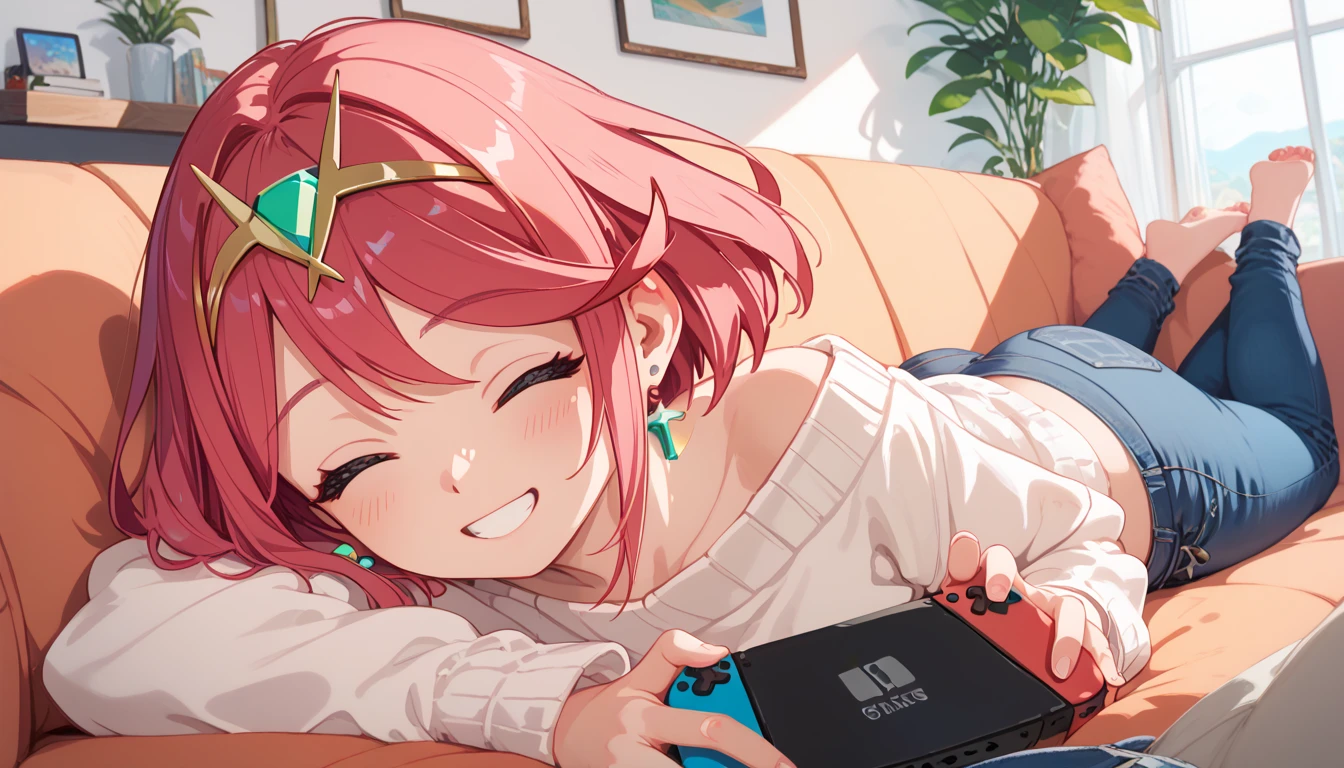 masterpiece, maximum quality, 4k, detailed, lying on sofa, lying on stomach, jeans and sweater, pyra, happy, holding nintendo switch, smiling, closed eyes