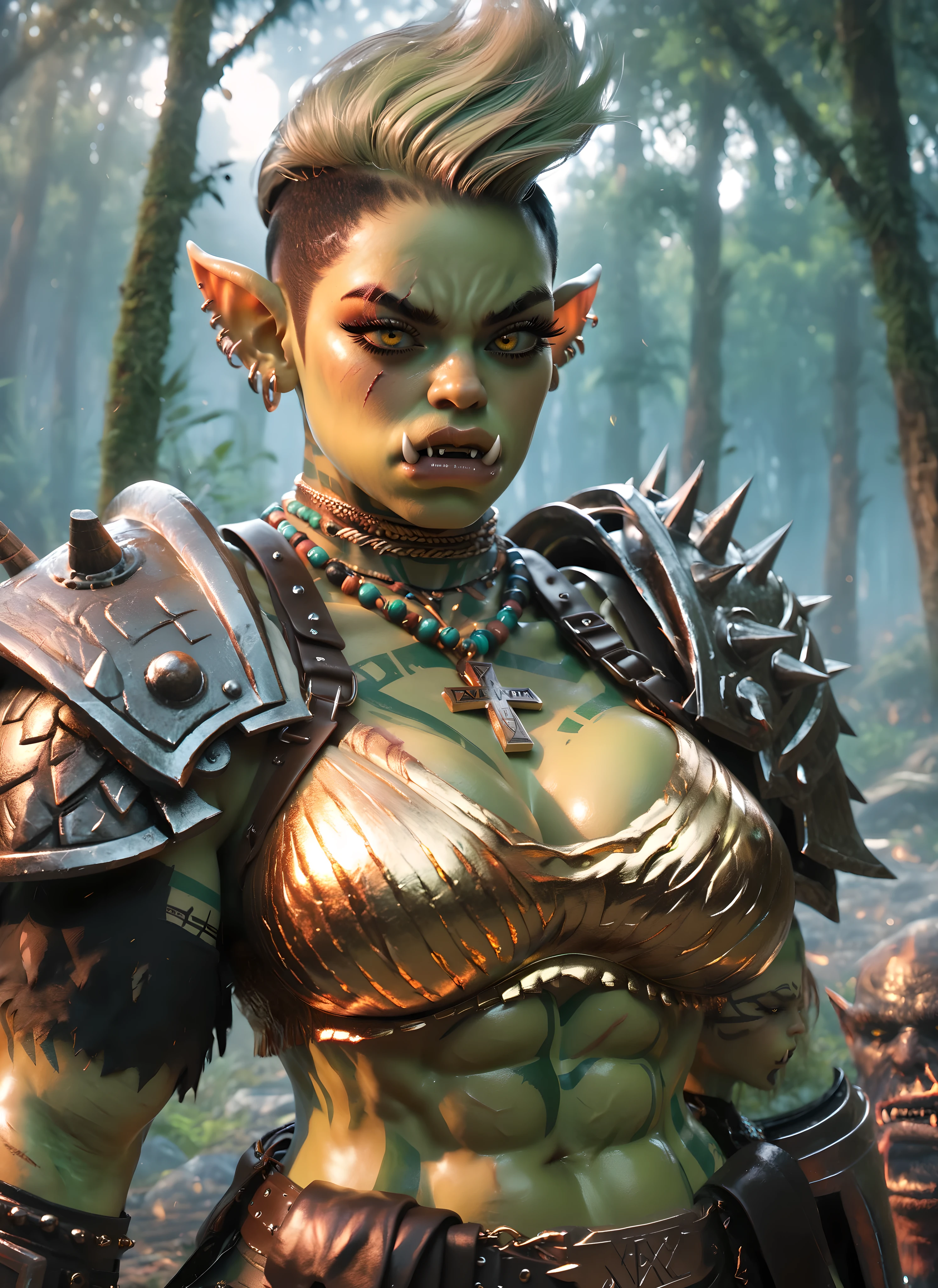 Close up, 1 0rc woman, a hyper-realistic and ultra-detailed photo of a beautiful girl, ultra-realistic, ((mature)), perfect eyes, angry, shiny skin colorful, ((huge heavy full armor)), Huge shoulder pads, body ((codycross)), ((body with leather ties)), pants armor, ((light green skin:1.4)), ((yellow Eyes)), ((pupil)), ear piercing, fang necklace, ((black undercut haircut)), ((perfect Big fangs)), ((Big muscular body:1.2)), body veins, Big abs, ((th3rm4l)), ((black eyebrows)), black long eyelashes, in a forest, fighting on the battlefield, war, cuts, big orc army, ((tribal tattoos)),