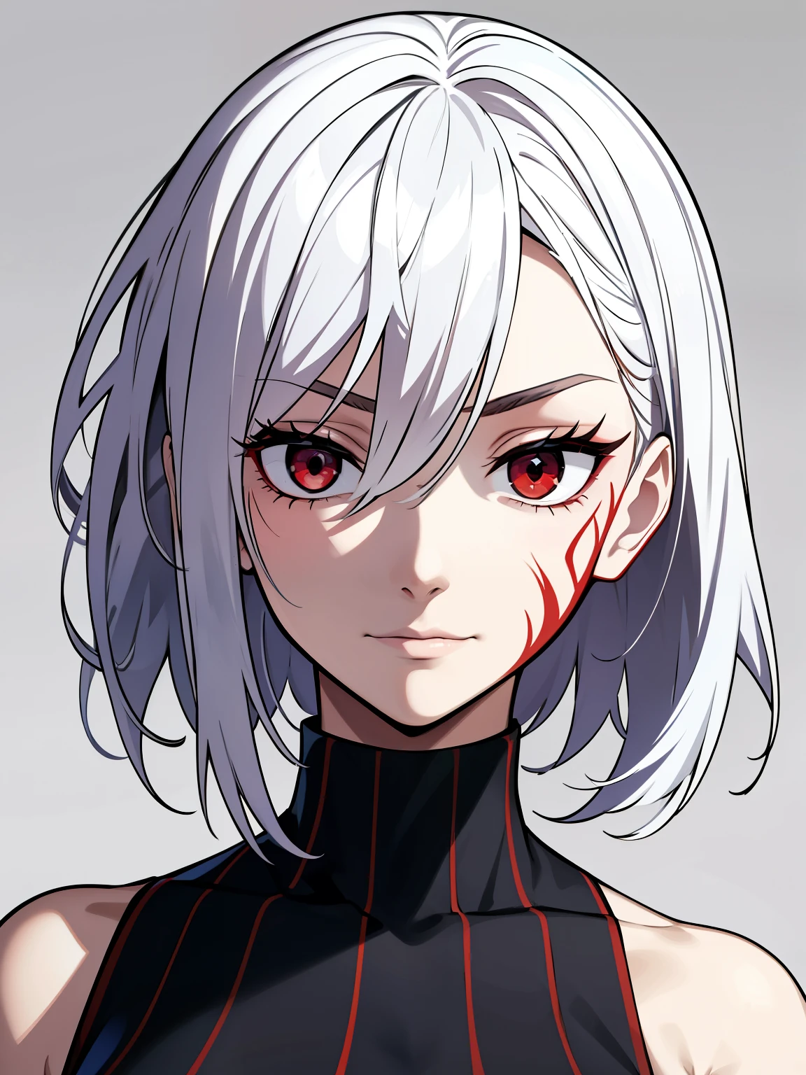 (high-quality, breathtaking),(expressive eyes, perfect face) 1female, girl, solo, young adult, short hair length, white hair, red eyes, black background, symmetrical eyes, portrait, symmetrical body, centred composition, simple background, cold expression, villain, ominous mood, red markings, red tattoos, sleeveless turtleneck shirt, confident, smug, stars background, half closed eyes,
