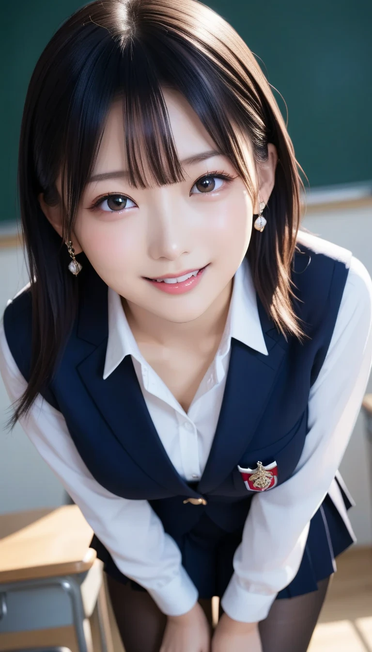 スコア_9, スコア_8_アップ, スコア_7_アップ, sアップer detailed, BREAK A breathtakingly beautiful Japanese woman with long, silky black hair, wearing a modern school uniform with a fitted blazer, short skirt, and tights. She has a radiant smile, stunning facial and eye details, and a confident yet graceful demeanor. She is posing in a classroom setting, leaning forward slightly with her hands placed behind her back, emphasizing her elegant posture. Her figure is curvaceous with a focus on her proportions, and the scene captures her in a dynamic position as she squats or does the splits. The atmosphere includes soft steam or light haze for added depth and realism. Ultra-high-definition, 32K resolution, masterpiece-level detail, Hausmo style.