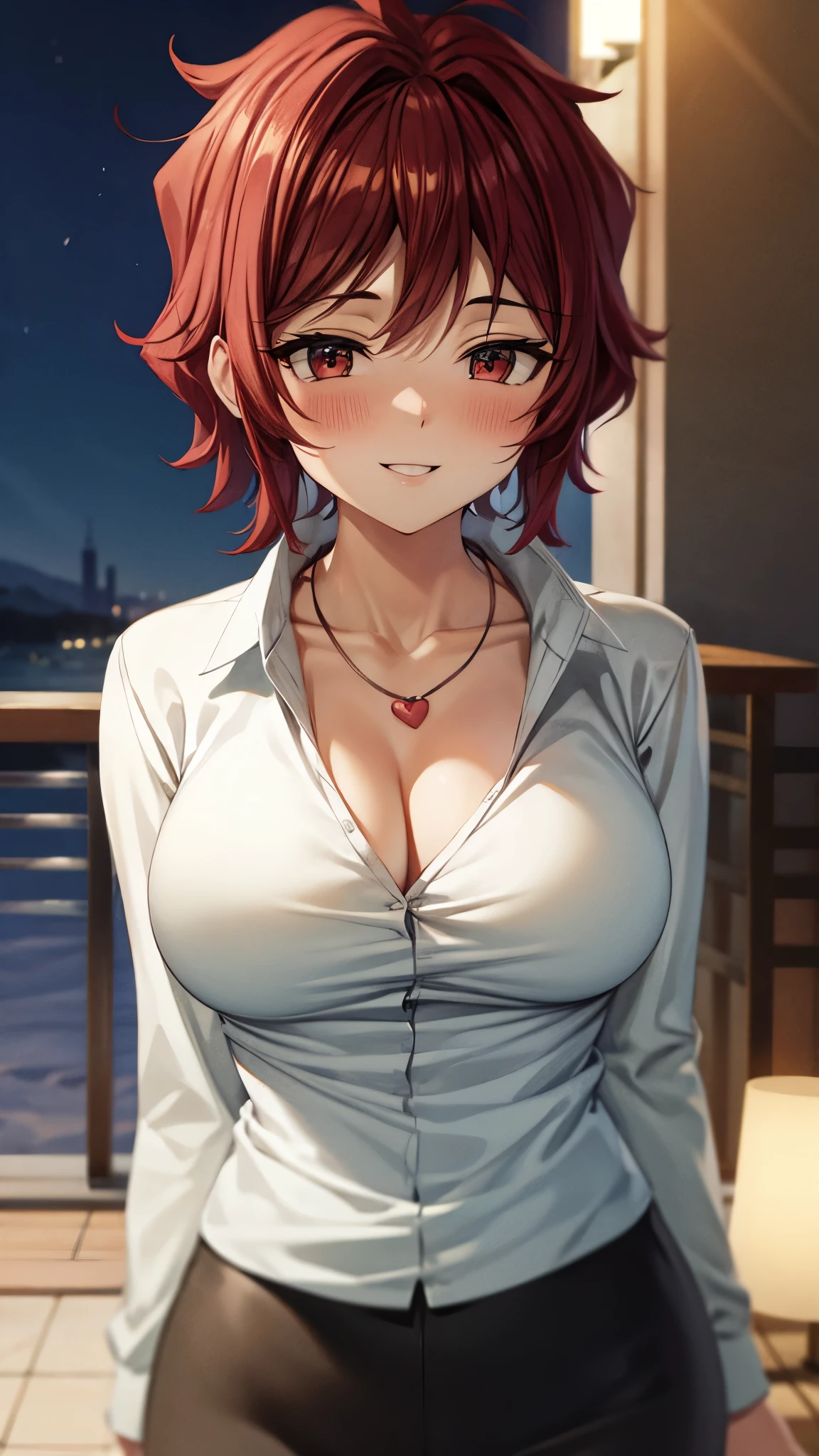 （ super high quality , super high resolution ,16k,super masterpiece,Ultra HD ,Detailed shading and background,）Upper body shot,Sexy Mother,（naked white shirt, cleavage,thick black miniskirt,） heart shaped necklace , embarrassing,smile,blush,Thick lips,Night terrace with night view,