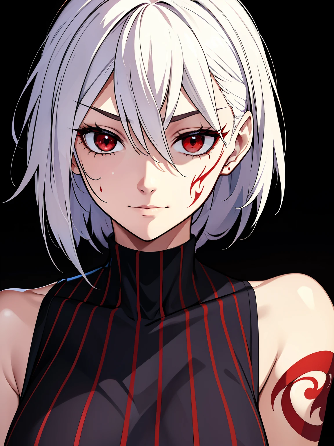 (high-quality, breathtaking),(expressive eyes, perfect face) 1female, girl, solo, young adult, short hair length, white hair, red eyes, black background, symmetrical eyes, portrait, symmetrical body, centred composition, simple background, cold expression, villain, ominous mood, red markings, red tattoos, sleeveless turtleneck shirt, confident, smug, stars background, half closed eyes,
