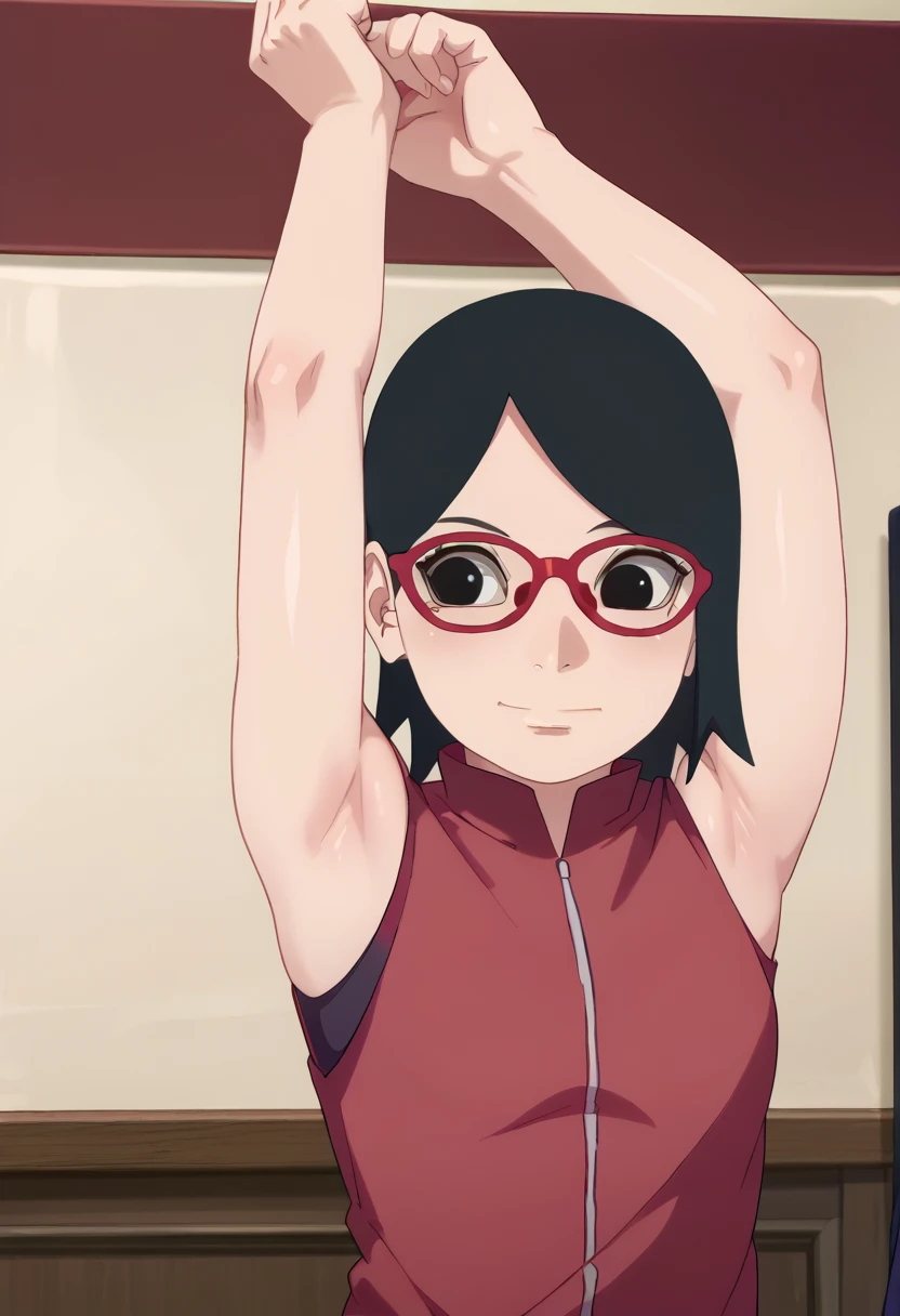 1girl,nsfw,hughres, sarada,short hair,red frame glasses,black eyes,black hair , Worried brow ,smile,,room,Armpit,Arms up,Stretch,