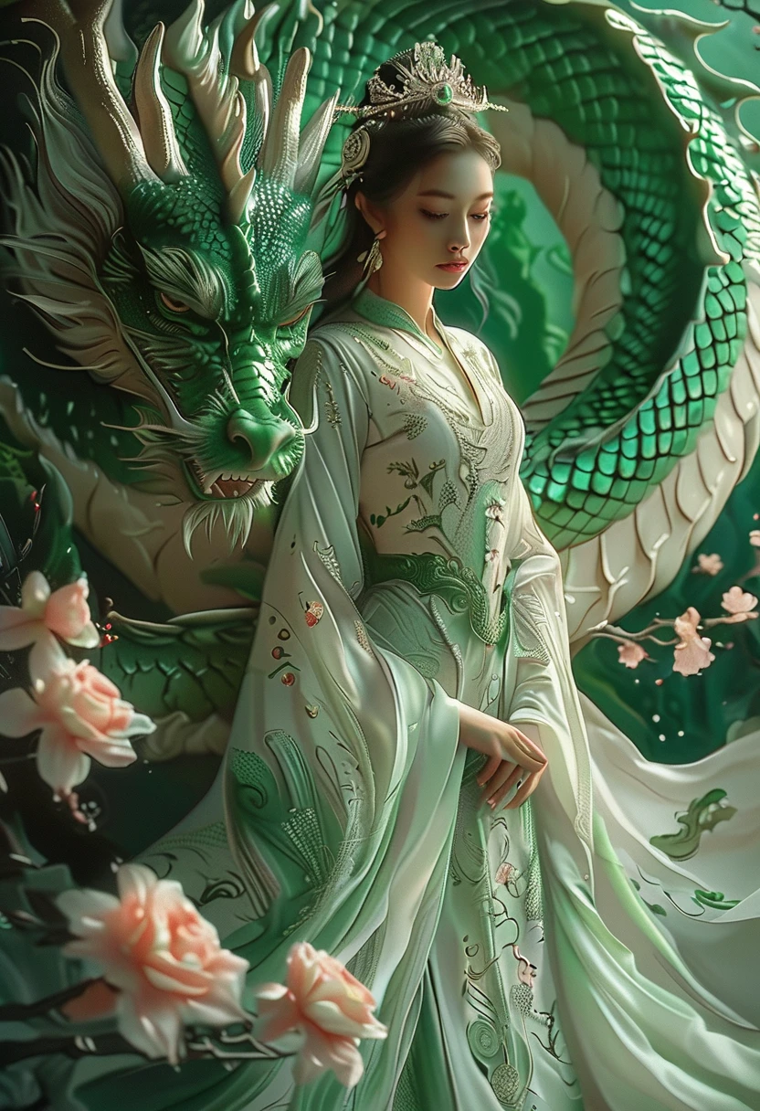 A serene scene where a woman, adorned in a traditional green and white dress, stands gracefully beside a majestic green dragon. The woman wears an ornate headpiece and holds a delicate object in her hand. The dragon, with its intricate scales and fierce yet calm expression, wraps around her, creating a protective and harmonious bond between them. The backdrop is dark, with subtle lighting highlighting the dragon and the woman, and there are floating pink flowers adding to the ethereal atmosphere.,xxmixgirl