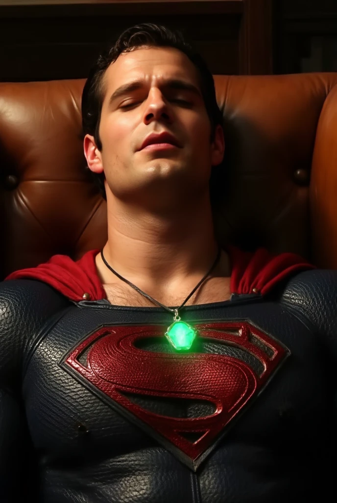 h3nr4, Henry Cavill, Short stubble, dressed in a Superman costume, reclining on a brown leather chair, with his head tilted back, orgasm face, eyes closed, mouth slightly open
, a glowing emerald green crystal pendant hanging around his neck.