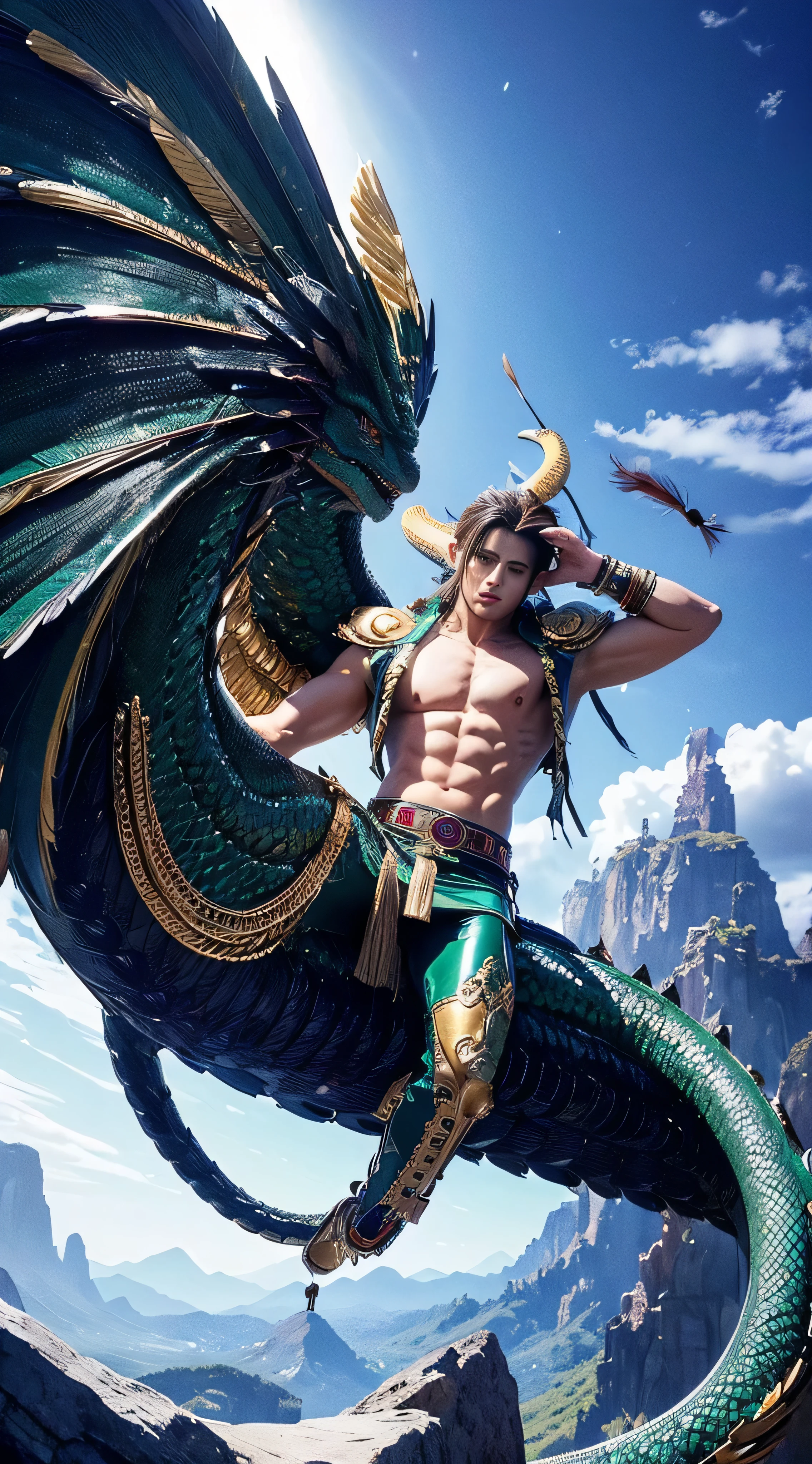 masterpiece,  top quality, { top quality}, {{masterpiece}}, { high definition }, Anime,  1 boy, Adult male,  attractive, exotic,  Quetzalcoatl,  Kukulcan , snake神,  dragon, snake, Flying Feathers , feather, Aztec, gold, gold, thunder, thunder  