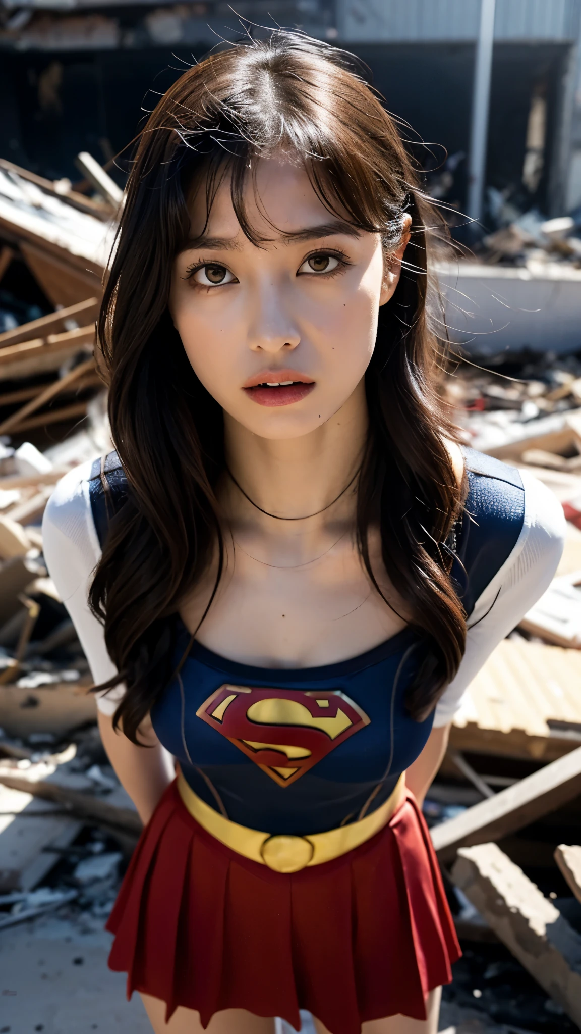 Supergirl, Beautiful Supergirl, 29 years old, Height : 152 CM, Supergirl Trapped in the rubble of a destroyed building, midday, supergirl tanktop costume, hair tied, hair bangs, Supergirl was sweating profusely, Supergirl had wet sweat on her chest, Supergirl had wet sweat on her head, Supergirl is shocked, Supergirl looks up, Supergirl looks scared, Supergirl screamed in pain, supergirl defeated, supergirl tanktop costume is torn, Supergirl is seriously injured, Supergirl cried, supergirl in peril, Supergirl height: 152 CM