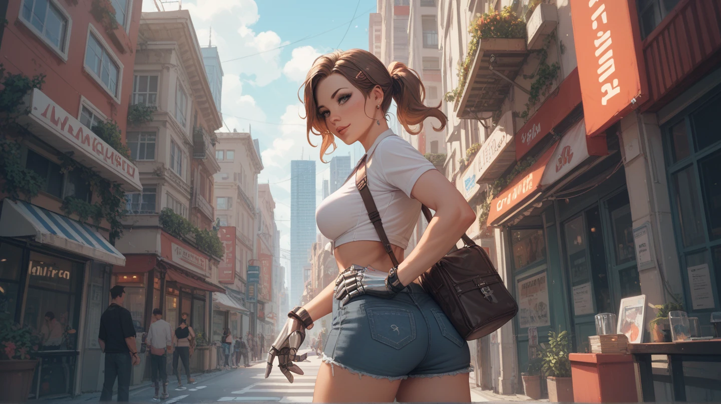 masterpiece, best quality, Jennifer Esposito,pdsivir, baseball cap, ponytail, white crop top, elbow length gloves, short shorts, clothes around the waist, big breasts, red thighs, from behind, looking at the spectator, arms behind head, street, road, city