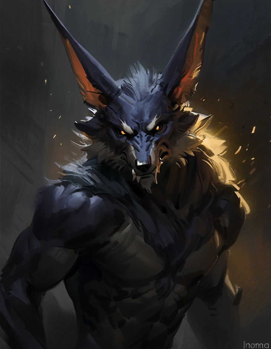 (Warwick) (warwick_lol), (solo), male, anthro, (by seyorrol, by Nomax), (tail:1.3), scowling expression, (dark background, gloomy, ominous atmosphere), (naked), realistic shading, dark lighting, mysterious shadows, night scene, (epic, masterpiece, high quality, 8k, ultra HD, absurd res, top quality, best quality, max quality, masterpiece), (full body), realistic eyes,