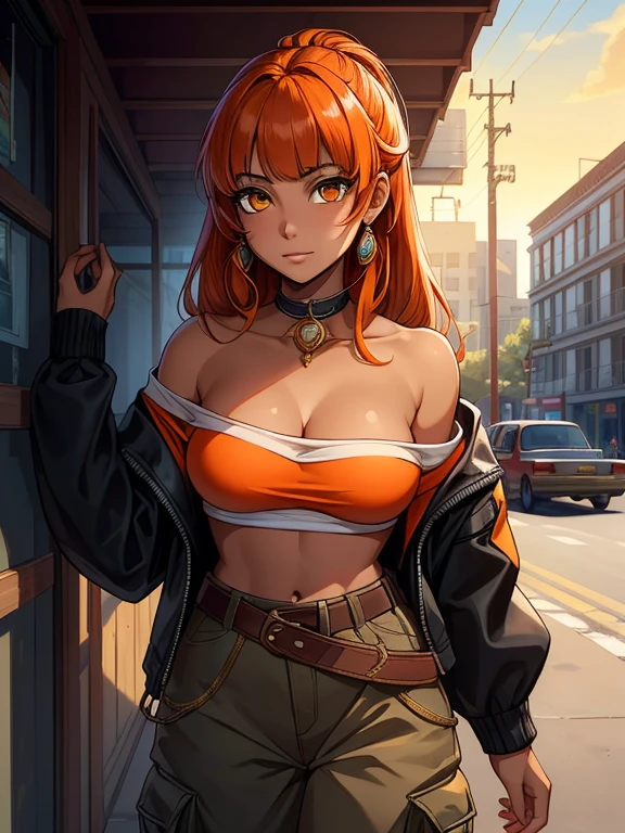 (Masterpiece, Best quality:1.2), Cowboy shot, Solo, 1girll, (cleavage:1.5),shihouin yoruichi, view the viewer, Hands on hips, pony tails, Orange shirt, Long sleeves, Black pants,Dark skin