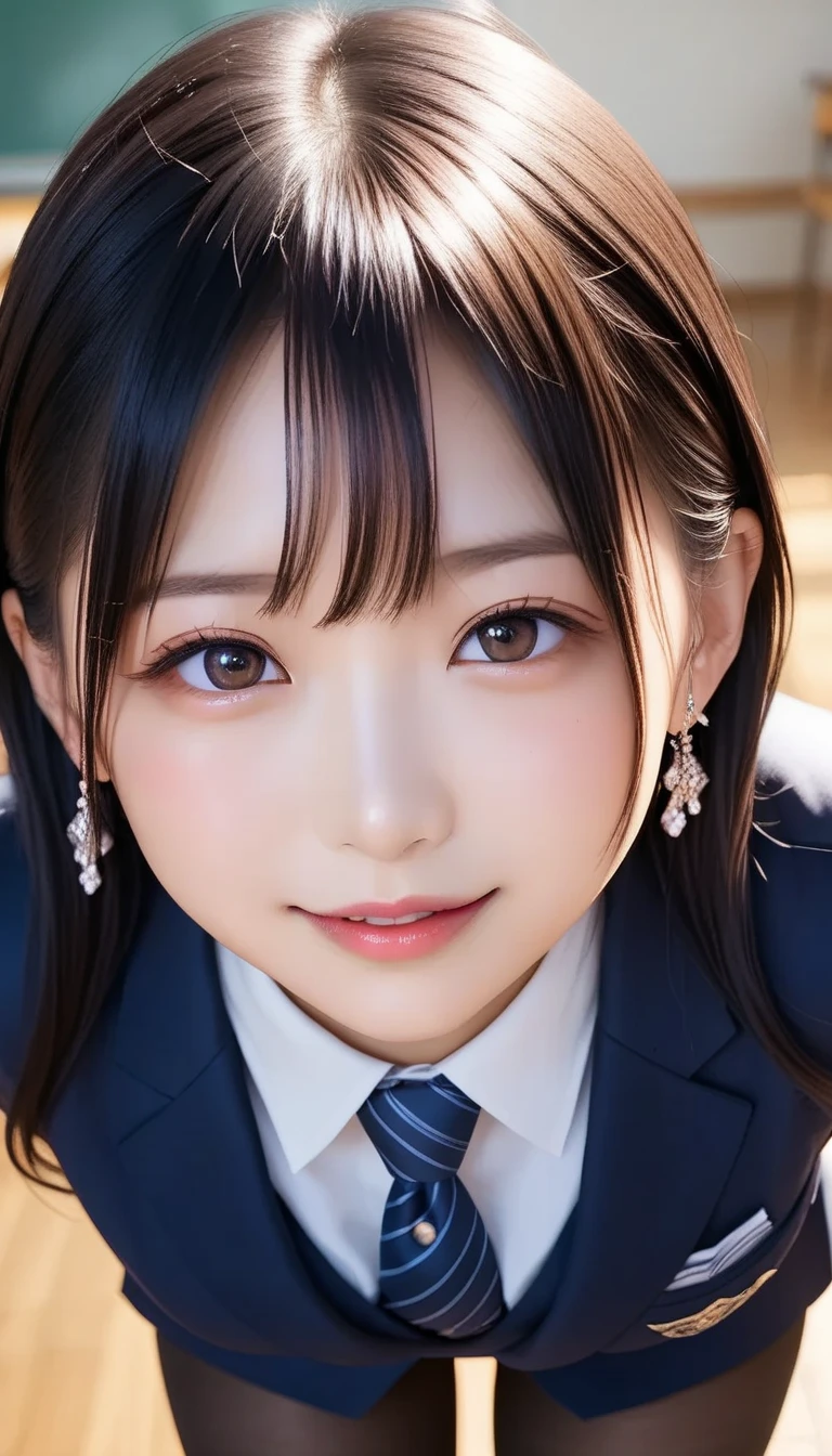 スコア_9, スコア_8_アップ, スコア_7_アップ, sアップer detailed, BREAK A breathtakingly beautiful Japanese woman with long, silky black hair, wearing a modern school uniform with a fitted blazer, short skirt, and tights. She has a radiant smile, stunning facial and eye details, and a confident yet graceful demeanor. She is posing in a classroom setting, leaning forward slightly with her hands placed behind her back, emphasizing her elegant posture. Her figure is curvaceous with a focus on her proportions, and the scene captures her in a dynamic position as she squats or does the splits. The atmosphere includes soft steam or light haze for added depth and realism. Ultra-high-definition, 32K resolution, masterpiece-level detail, Hausmo style.