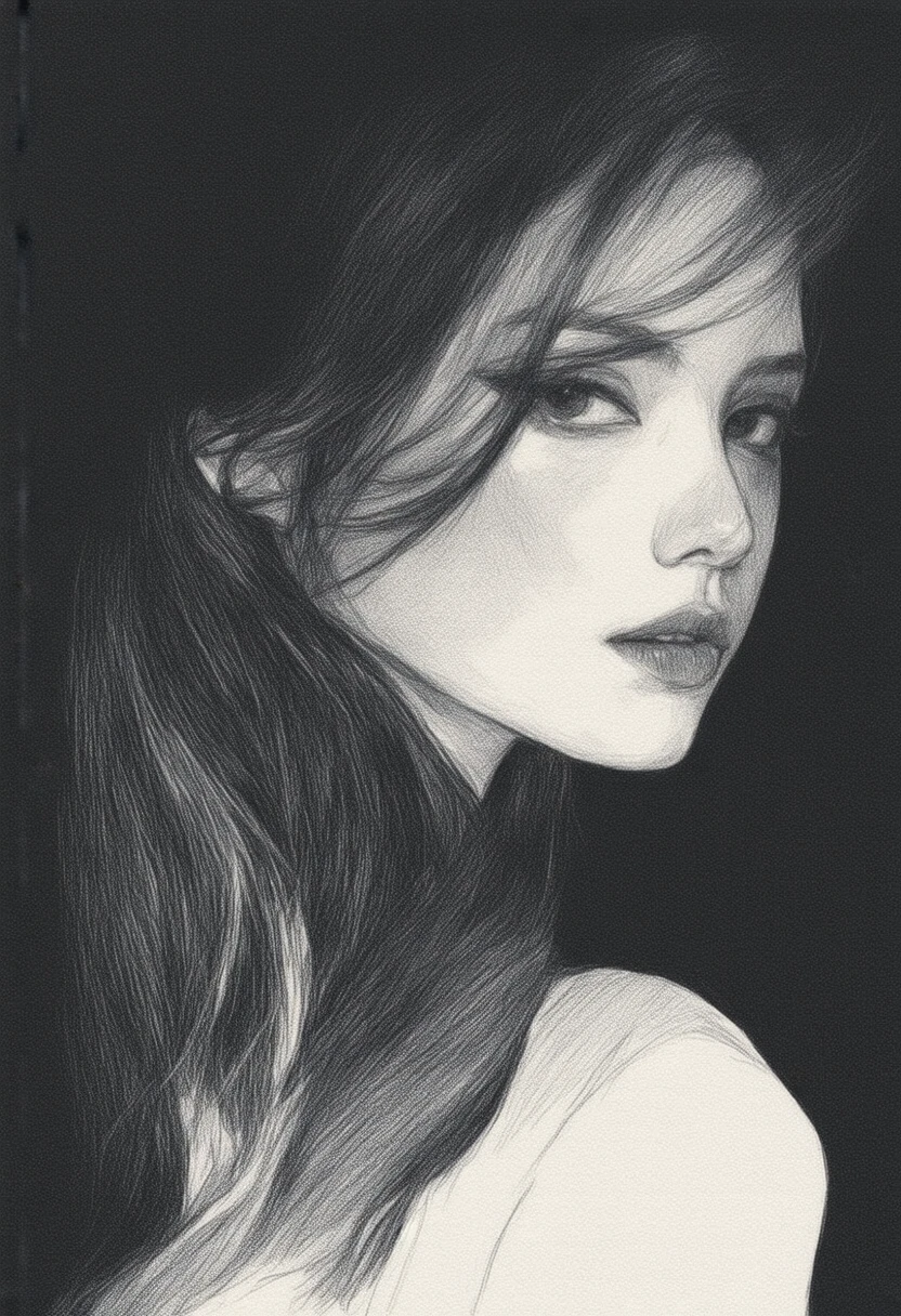 Dibujo of fountain pen , of una mujer, dark and gradient tones , more defined and hair spiraling lines , delicate lines with dynamic spots , achieving a sense of movement and abstract artistic expression.
Obra maestra, Muy detallado, Alta calidad,