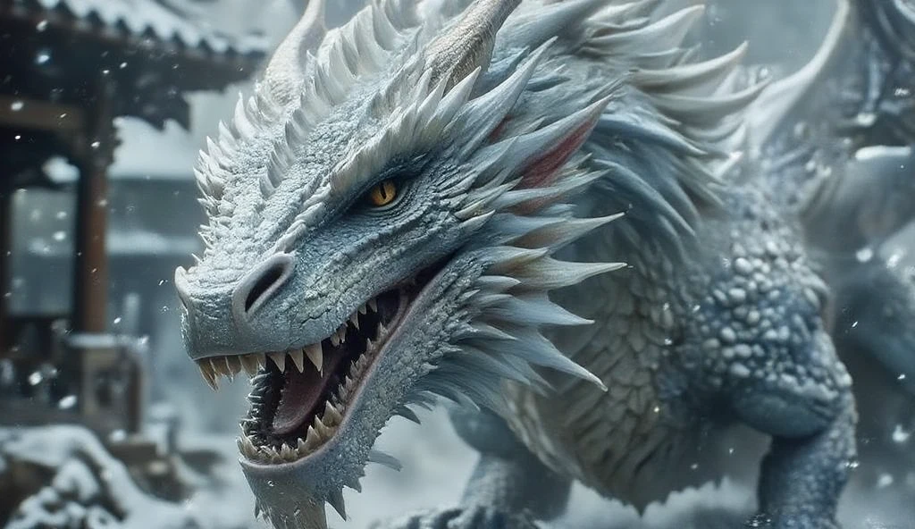 ((masterpiece)) ((photography)) ((Highest quality)) A fierce and majestic white dragon roaring, with sharp fangs and piercing golden eyes. Its massive wings spread wide as it charges forward through a snow-covered landscape. The dragon's scales shimmer with icy textures, reflecting the cold environment. The scene is dynamic, filled with snow flurries and motion, as the ground cracks under its powerful claws. The background includes wooden structures partially hidden by the falling snow, enhancing the wintry, intense atmosphere. Hyper-realistic and highly detailed.