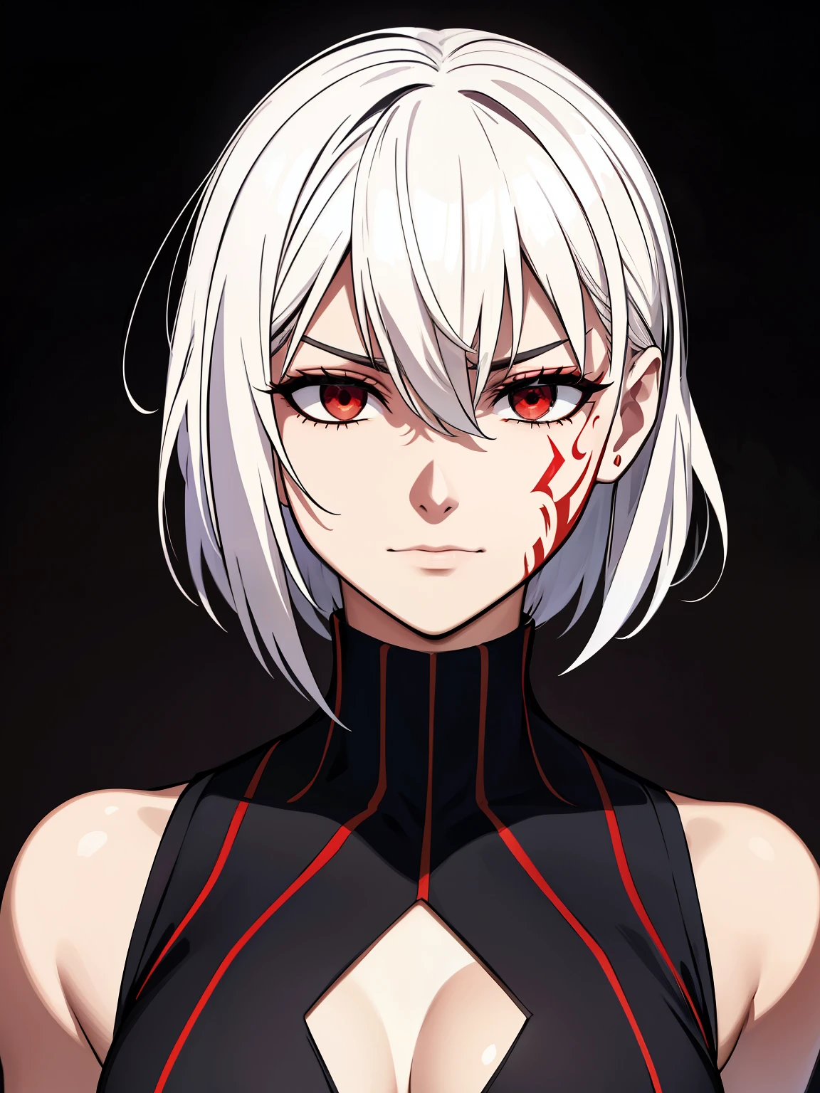 (high-quality, breathtaking),(expressive eyes, perfect face) 1female, girl, solo, young adult, short hair length, white hair, red eyes, black background, symmetrical eyes, portrait, symmetrical body, centred composition, simple background, cold expression, villain, ominous mood, red markings, red tattoos, sleeveless turtleneck shirt, confident, smug, stars background, half closed eyes,
