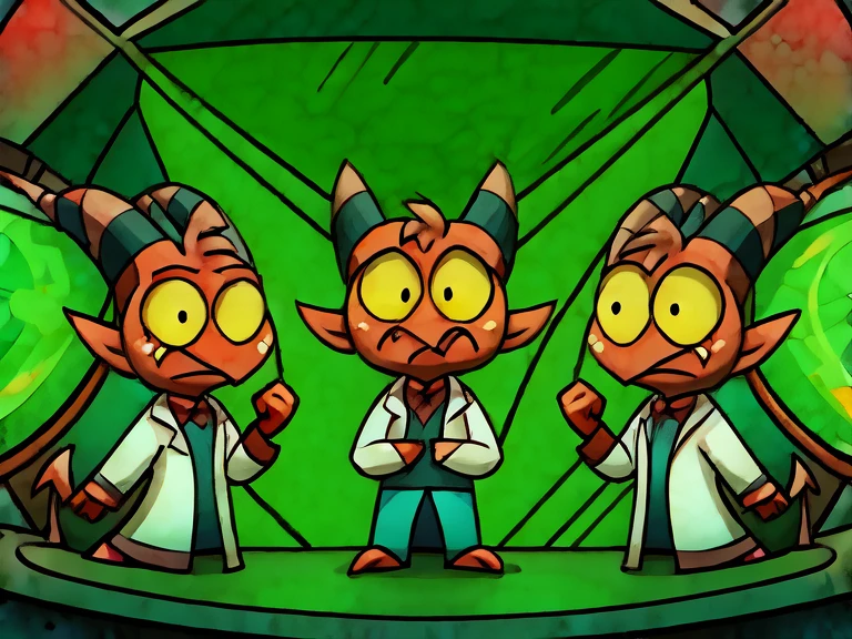 (masterpiece, best quality:1.2), Group of Imp´s, confused face, wearing scientist clothes, stading looking at a screen above them, full body image, looking up in confusion, futuristic laboratory room background