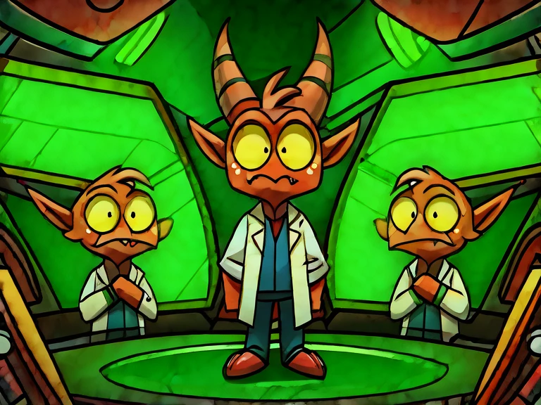 (masterpiece, best quality:1.2), Group of Imp´s, confused face, wearing scientist clothes, stading looking at a screen above them, full body image, looking up in confusion, futuristic laboratory room background