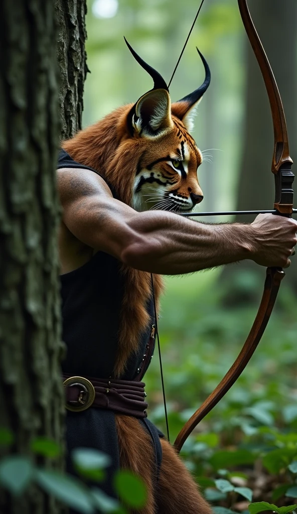 Very handsome guy  Korean. He has yellow hair that reaches down to the ground and bangs that go to the side.. He is shirtless, in furry brown pants and shoes in the form of cloven hooves. He has a red heart pendant.. He squats in a thick dark thicket of fern leaves and shoots an arrow from his bow.. A kind jaguar next to him.