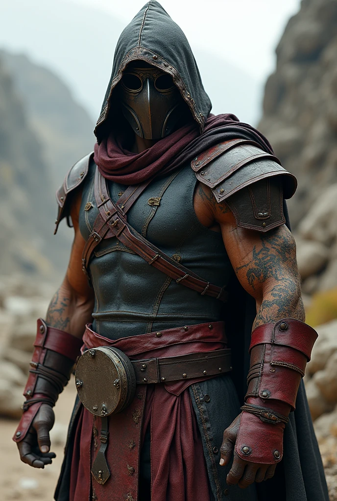 (realistic), (photorealistic), ((masterpiece)), ((best quality)), (detailed), cinematic, natural lighting, soft shadow, detailed background, photography, depth of field, intricate, detailed face, subsurface scattering, realistic eyes, muscular, manly, photo of a handsome (southeast asian man), des3rt4rmor, wearing desertpunk rogue armor, holding dagger, cloak, hood, city, mask
