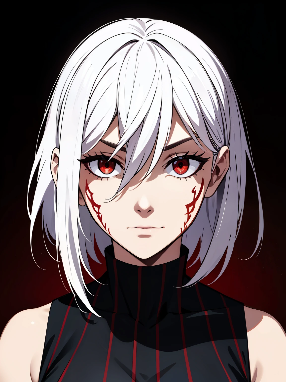 (high-quality, breathtaking),(expressive eyes, perfect face) 1female, girl, solo, young adult, short hair length, white hair, red eyes, black background, symmetrical eyes, portrait, symmetrical body, centred composition, simple background, cold expression, villain, ominous mood, red markings, red tattoos, sleeveless turtleneck shirt, confident, smug, stars background, half closed eyes,
