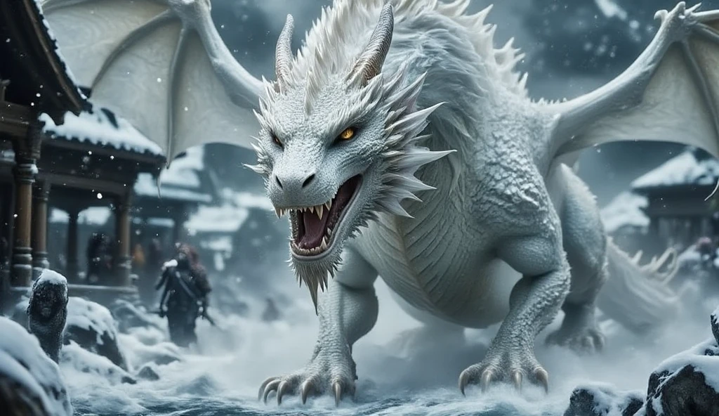 ((masterpiece)) ((photography)) ((Highest quality)) A fierce and majestic white dragon roaring, with sharp fangs and piercing golden eyes. Its massive wings spread wide as it charges forward through a snow-covered landscape. The dragon's scales shimmer with icy textures, reflecting the cold environment. The scene is dynamic, filled with snow flurries and motion, as the ground cracks under its powerful claws. The background includes wooden structures partially hidden by the falling snow, enhancing the wintry, intense atmosphere. Hyper-realistic and highly detailed.