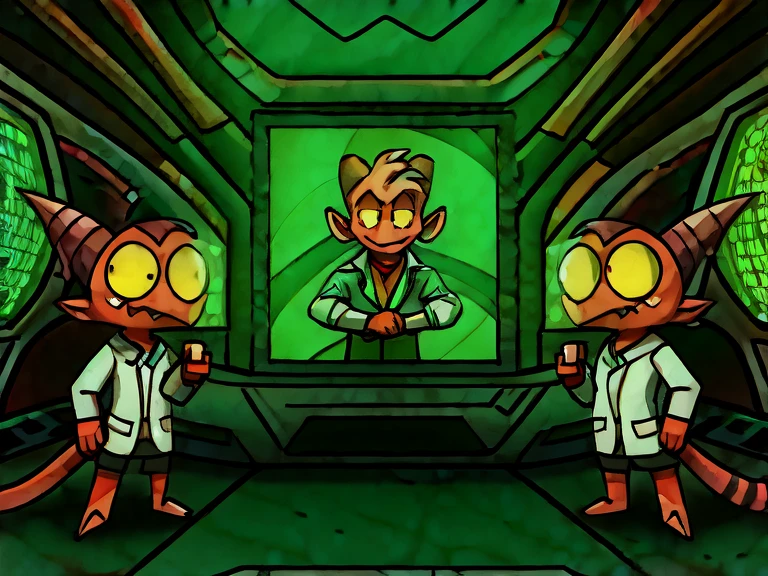 (masterpiece, best quality:1.2), Group of Imp´s, confused face, wearing scientist clothes, stading looking at a screen tv above them, full body image, futuristic cyberpunk laboratory background