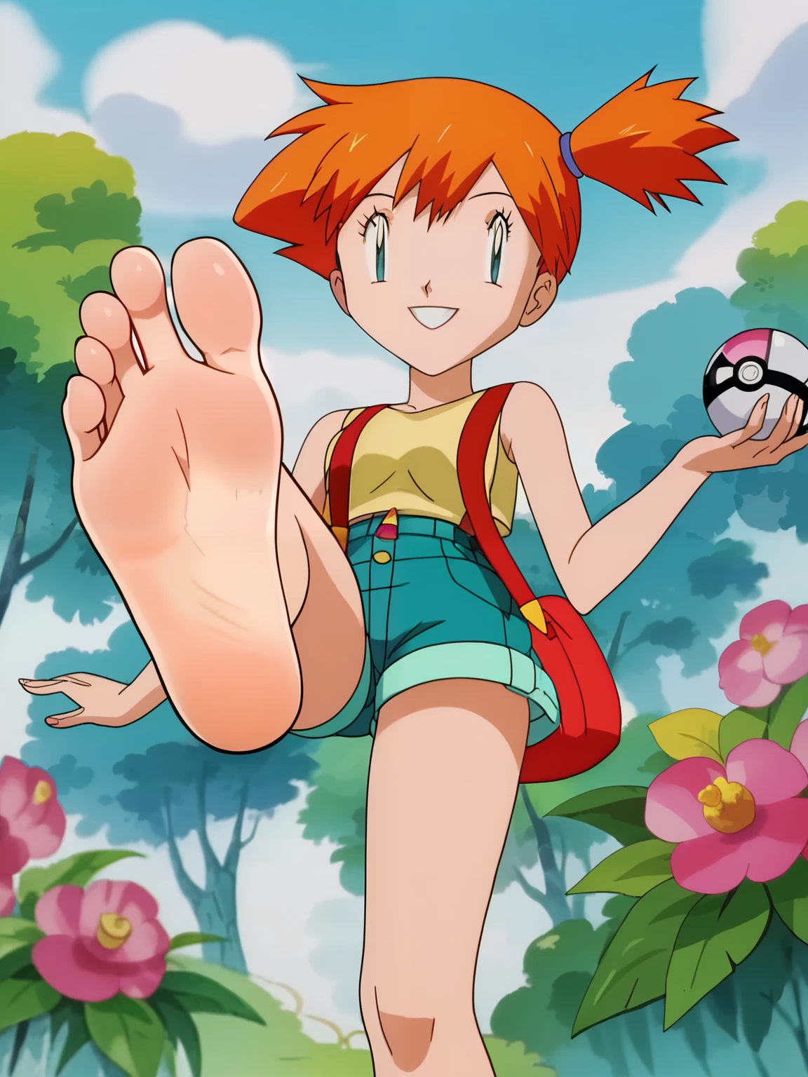 score_9, score_8_up,source_anime,
1girl, Pokémon, Misty, alone, looking at viewer, cowboy shot, anime screencap, anime coloring，barefoot，Perfect feet，Anatomically correct，soles，low angle，Focal length 35mm, Five toes，front，Symmetrical Soles，Foot Focus, in a garden, standing, lifting one leg to show her soles, flirty gaze, flirty smile,
