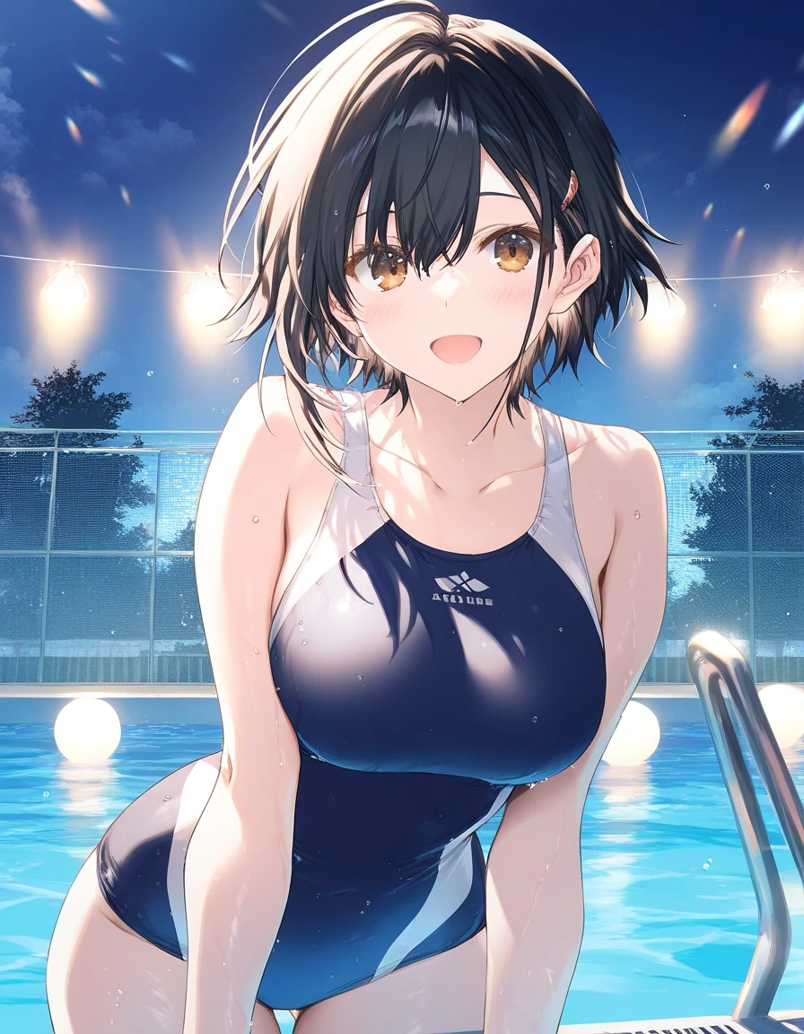 1girl, beautiful breasts, swimsuit, wet, beautiful detailed eyes,open mouth, outdoors,wind, pool, game CG, break,(artist:mitsumi_misato),artist:fujiyama,artist:aquaplus, break,(masterpiece), (best quality), (ultra-detailed),(Detailed Lighting), very aesthetic, newest, beauty illustration,super detailed skin, (masterpiece), (best quality), (ultra-detailed), very aesthetic lighting,newest ,hi res,absurd_res,shiny skin,2023, shaded,digital media (artwork), realistic lighting, 16k, 8k,highres, source_anime, official_art, photoshop_(medium)