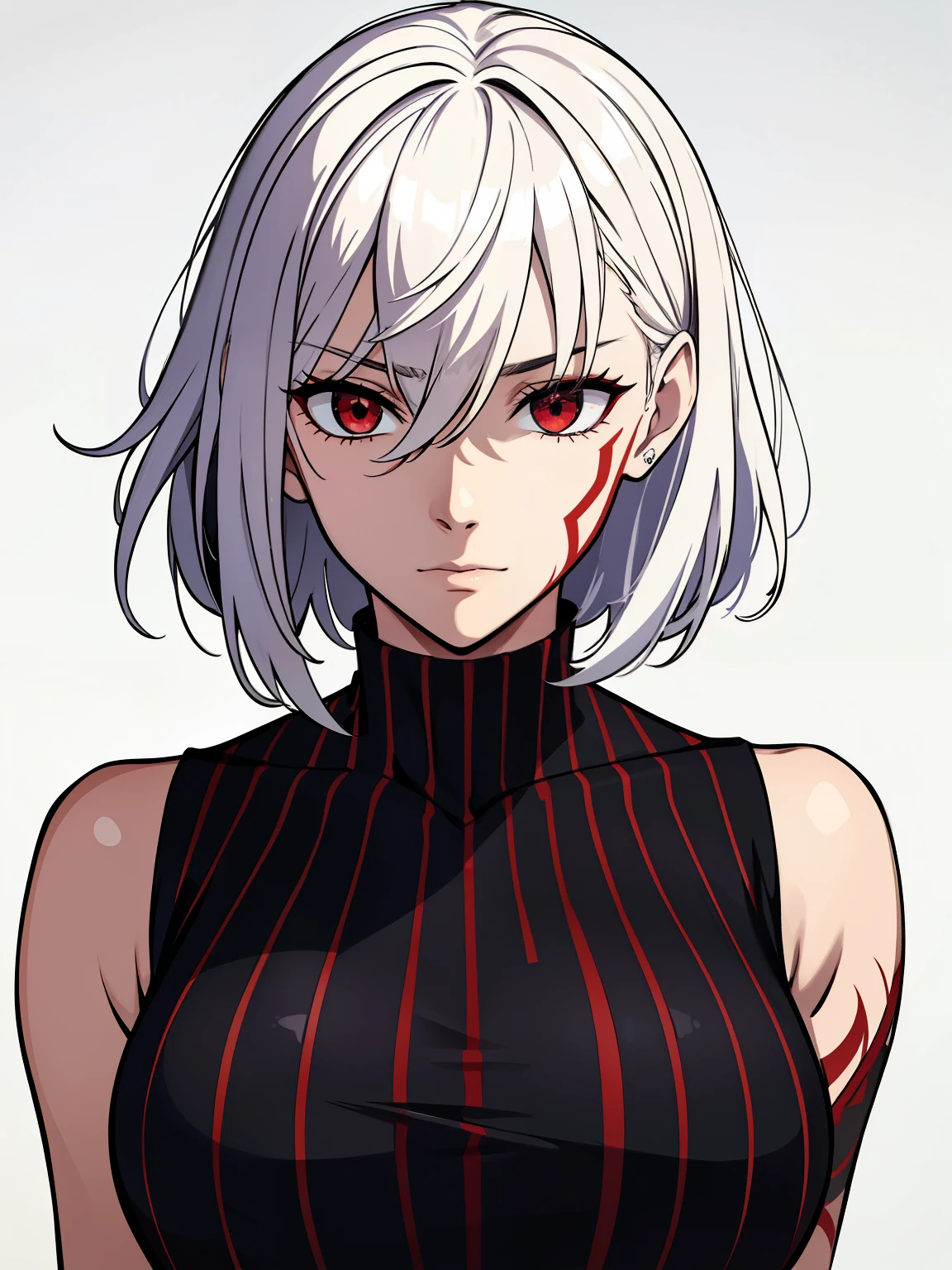 (high-quality, breathtaking),(expressive eyes, perfect face) 1female, girl, solo, young adult, short hair length, white hair, red eyes, black background, symmetrical eyes, portrait, symmetrical body, centred composition, simple background, cold expression, villain, ominous mood, red markings, red tattoos, sleeveless turtleneck shirt, confident, smug, stars background, half closed eyes,
