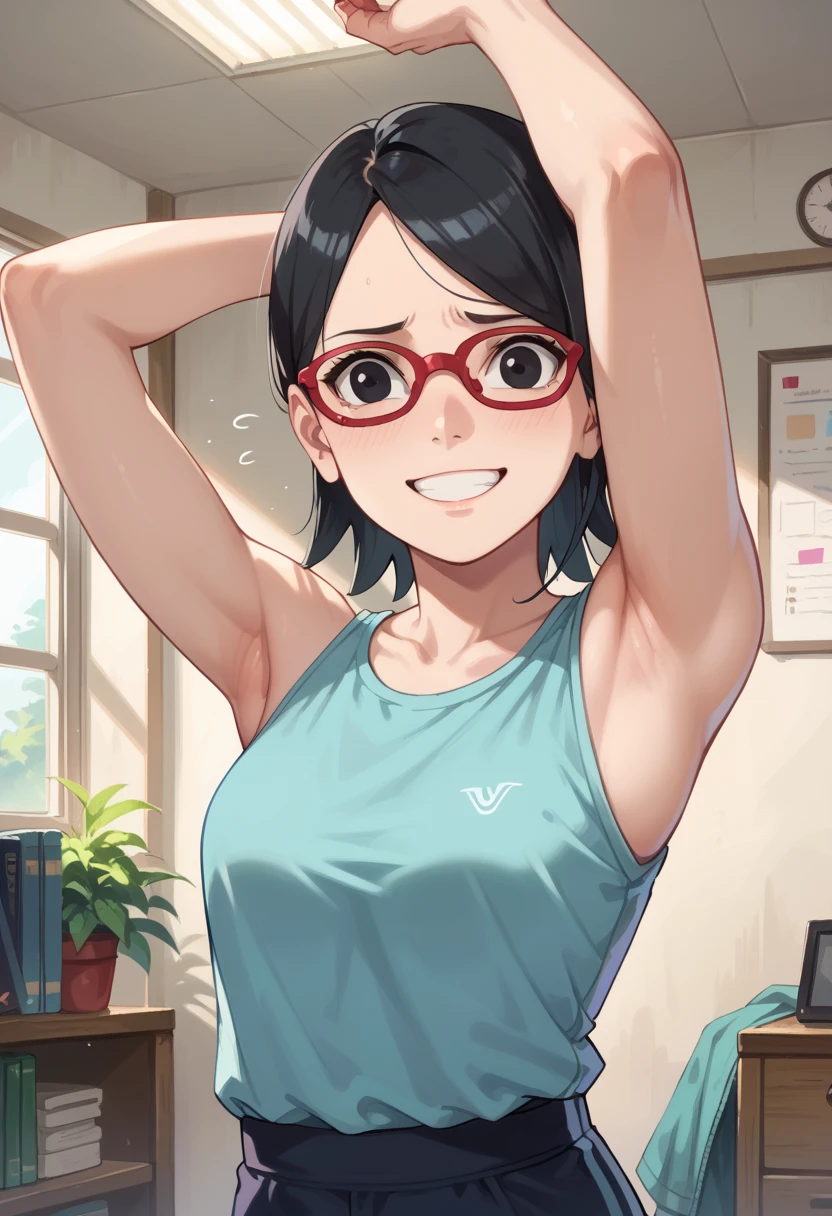 1girl,nsfw,hughres, sarada,short hair,red frame glasses,black eyes,black hair , Worried brow ,smile,,room,Armpit,Armpit wrinkles,Arms up,Stretch,