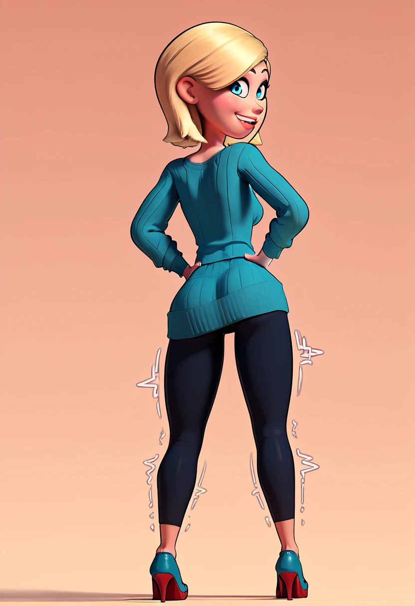 Full body, PATTYPETERSON, 1girl, solo, blonde hair, short hair, blue eyes, sweater, leggings, capri pants, heels, 3d, Butt Clench, perfect body, sexy, sexy legs, looking at viewer, crass girl, bad girl, naughty Smile, back view, hands on hips, butt shaking left to right, ass Shaking, twerking, gyrating, open legs, spread legs, looking back