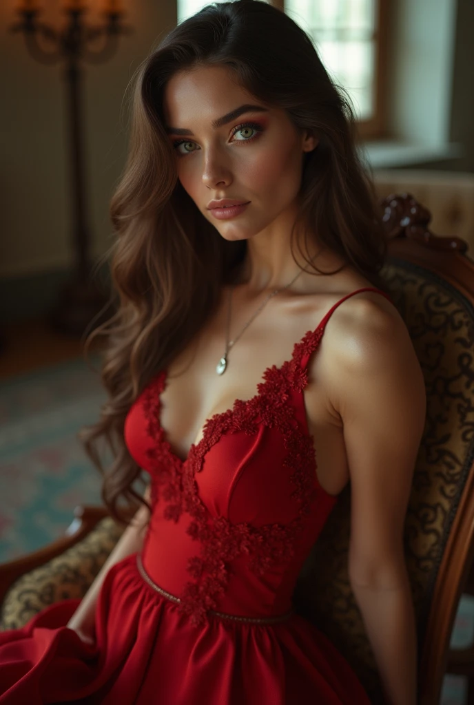 1人の女性, Women similar to Jane Seymour, smil, Looking at the camera, Red V Neck Dress, Photorealsitic, Best Quality, intricate and delicate, 8k wallpaper, top-quality, masterpiece, realisitic, ultra-detailliert