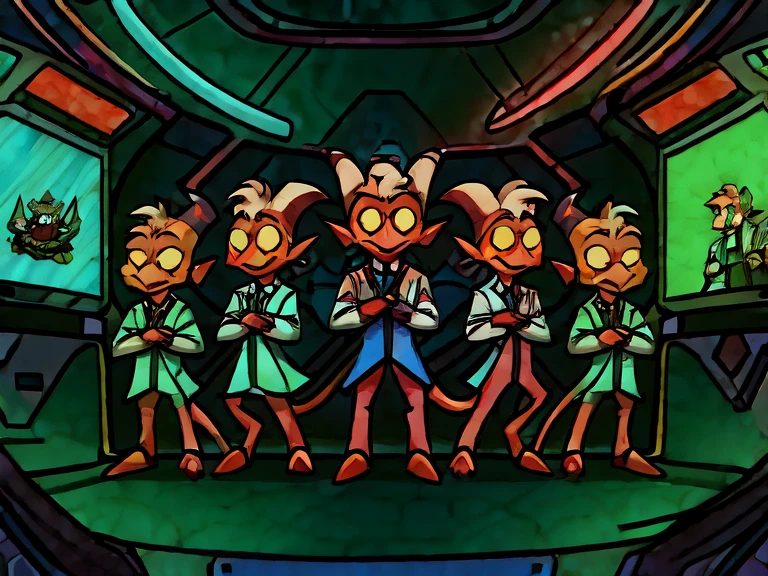 (masterpiece, best quality:1.2), Group of Imp´s, confused face, wearing scientist clothes, stading looking at a screen tv above them, full body image, futuristic cyberpunk laboratory background