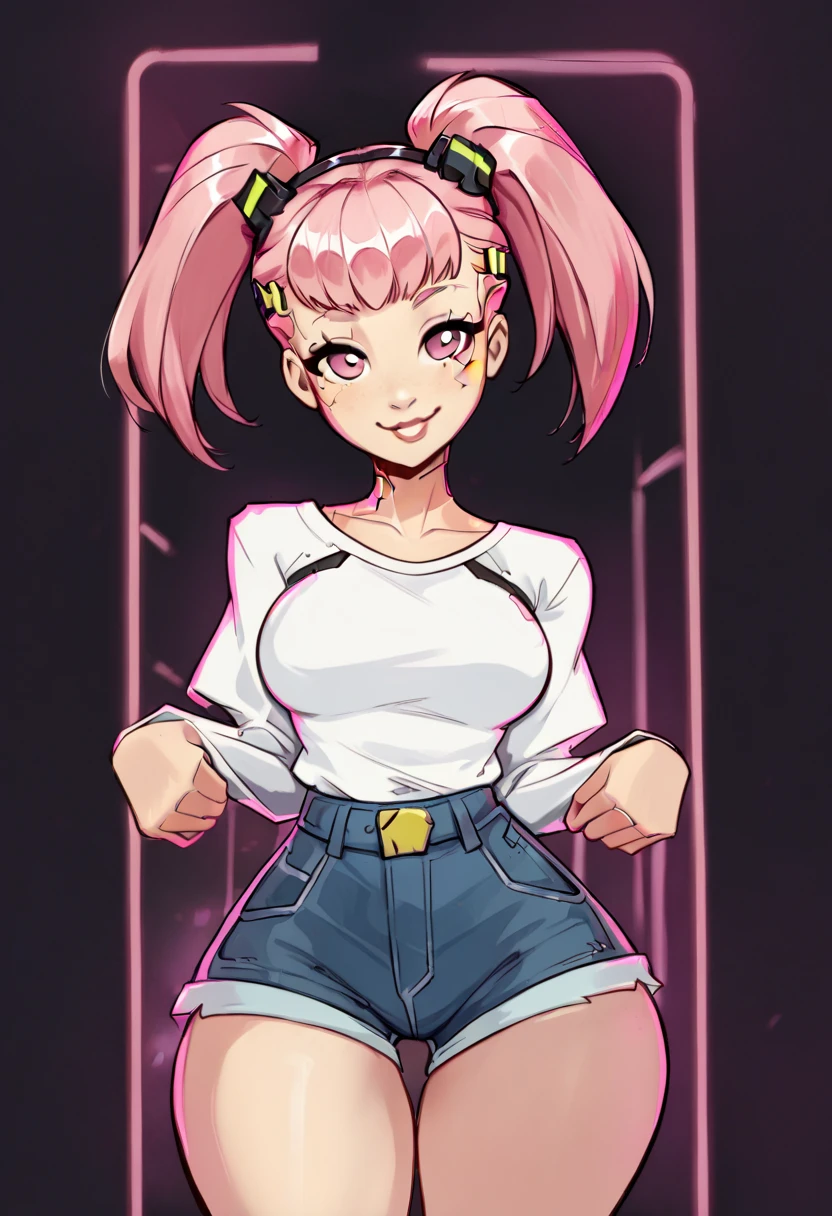 A tall girl, beautiful, sexy, cute, big breast, pink hair, long braids, menchon on the side, her green eye, pink lip, wearing a pink bra, top, and her pink miniskirt, pink metallic boot, wearing a pink glove, blue bracelet, arms.