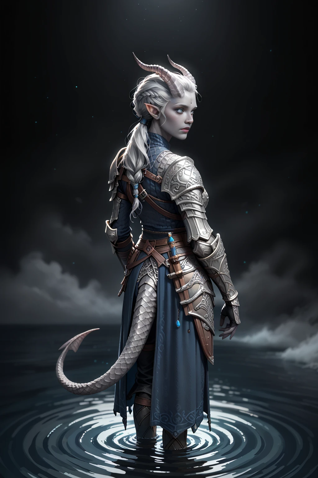 (A sprawling cedar is growing), standing nearby in the water  ((1Тiefling ,  dark blue-gray skin :1.4),  girl  , (30 years old) (bright blue-grey eyes, black whites of the eyes ) chainmail, gray-black armor ,   Protection on a thick blue tail, long, (Thick tiefling tail ),  ( dynamic posture looks back from behind.  stands half a turn , face visible) ,  dark gray straight short horns , ( long dark blue-grey hair )) ,  (  top quality,  masterpiece fails,   in the highest detail ) ,  fantasy background. blue tones, Dark tones,  fantasy background.  Clear water. scale,  Dark colors , dark shades,  muted colors. (( view from above )).  muted colors. 