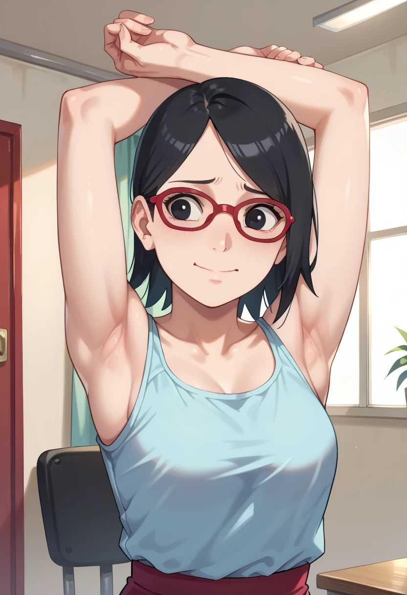 1girl,nsfw,hughres, sarada,short hair,red frame glasses,black eyes,black hair , Worried brow ,smile,,room,Armpit,Armpit wrinkles,Arms up,Stretch,