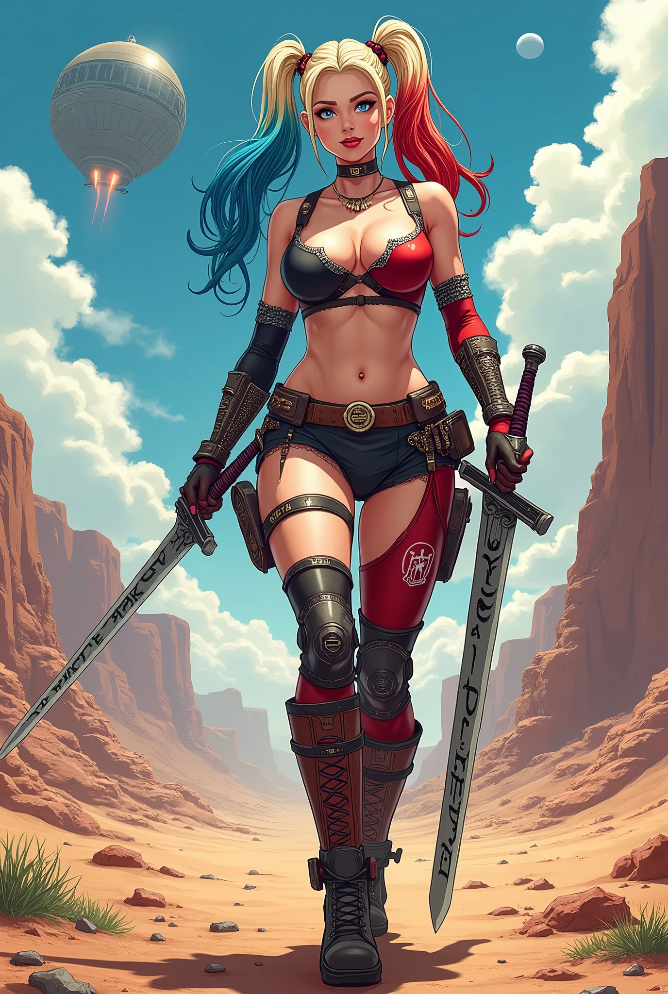 (((mulher))), (((melhor qualidade))), (((obra prima))), (((adulta))), Uma guerreira mulher de 35 anos com corpo perfeito, Brooklyn Gladiators, (( under boobs )), quase nua no estilo selvagem urbano de Simon Bisley para a capa da revista Heavy Metal, cabelo loiro, Minimum clothing, armadura (azul escuro com estrelas brancas e vermelho com listras brancas), cheio de pontas e rebites manchadas de tinta, tatuagem de estrelas de 5 pontas, (((corpo inteiro))), cabelo preto curto com franja branca cobrindo a testa