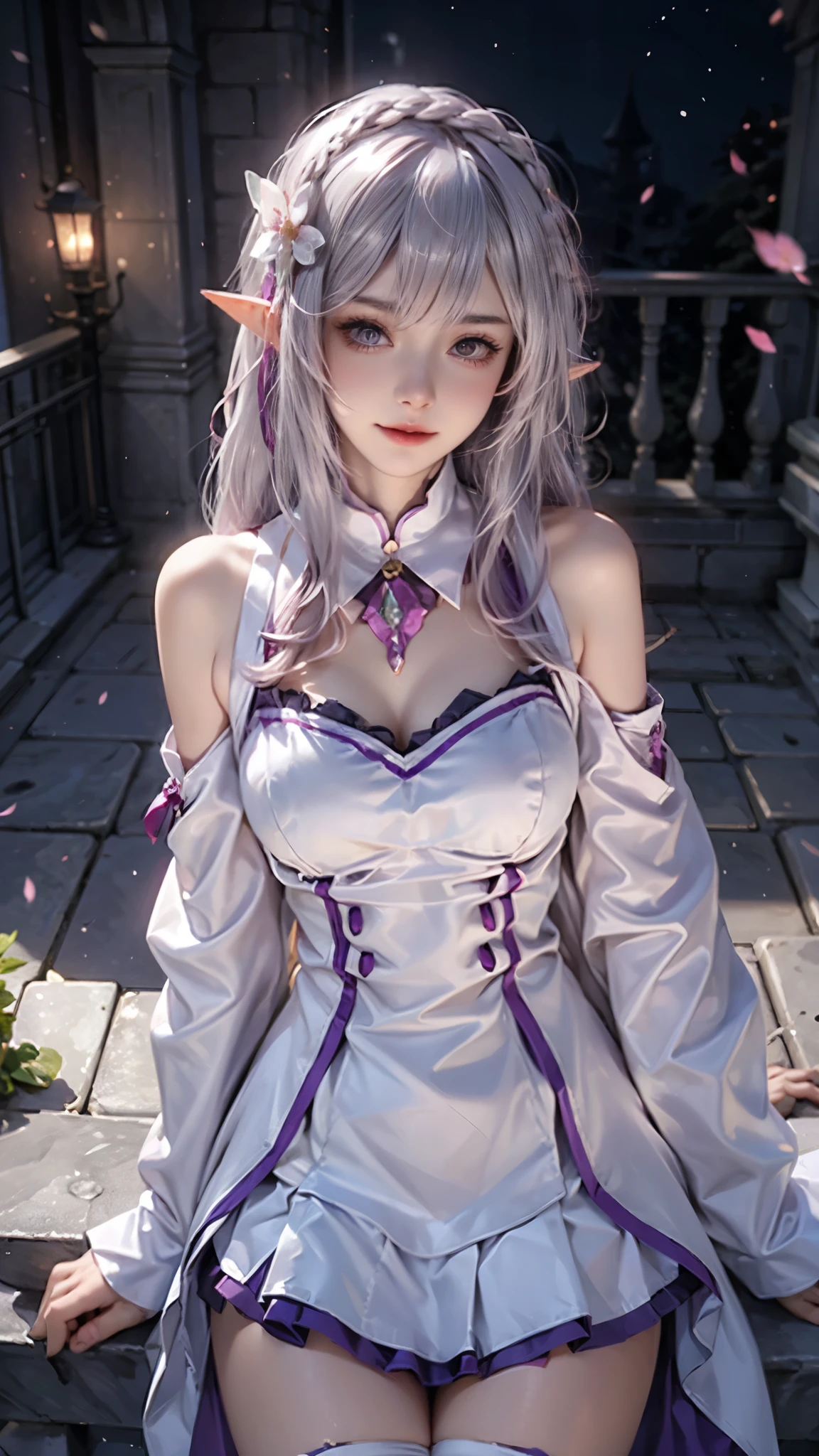 Highest quality、High resolution、Ultra-detailed、8k, Emilia、emilia Masterpiece、Highest quality, in the castle courtyard, Bans, Clothes are white, Long sleevemouth, just_shoulder, dull_Front hair, Blurred, Blurred_background, Blurred_prospect, blush, Braid, chestout, huge breats,sexy body, Chest Cleavage , Closed_mouth, cloud, crown_Braiding, tag, depth_in_Field, independent_sleeve, dress, Emilia_\(Again:Stay Night\), eyebrows_appear_Through_hair, Flower pattern, Precious stones, hair_flower, hair_Decorations have been removed, hair_ribbon, lens_Flare, length_hair, look up_in_Audience, low_length_hair, Moderate_chest, one_eye_Closed, plein air, Pleats_skirt, Spiky_ear, purple_eye, purple_ribbon, ribbon, Silver_hair, skirt, null, Laughter, Alone, very_length_hair, white_flower