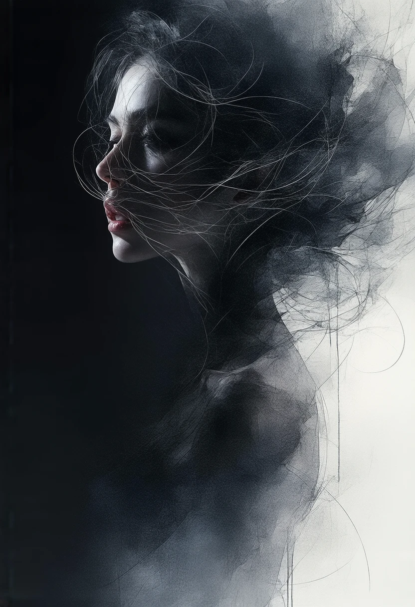 Dibujo of fountain pen , of una mujer, dark and gradient tones ,  more defined and hair spiraling lines ,  delicate lines with dynamic spots ,  achieving a sense of movement and abstract artistic expression.
Obra maestra, Muy detallado, Alta calidad, 