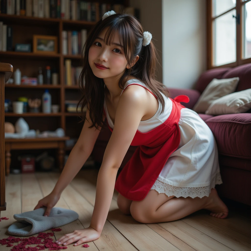 『 1 Japanese girl :1.3』『 real photo:1.3』『Standing on all fours and hanging a rag on the living room floor:1.3』『 smiling happily:1.5』 top quality:1.2、(( Big Breasts ))、 Slightly Visible Cleavage 、(( young woman))、(( has red cheeks))(( smiling 1 :3))、((( anatomically correct、 perfect anatomy、 anatomically correct指)))、 realistic ,  top quality,  super high resolution ,  RAW photo, (Curvy body)、 ,  wearing a sleeveless white summer dress ,  lace details on a summer dress ,  wearing a red waist-length apron ,  wearing a sleeveless white sundress『Standing on all fours and hanging a rag on the living room floor:1.3』 , barefoot,  Serious Face ,  not seeing viewers ,  long hair,  evening , My home is messy . bundled up with white scrunchies 